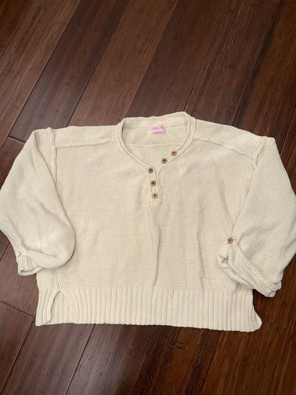 Pink Lily Cream Henley Cropped Knit Sweater Women’s M Medium